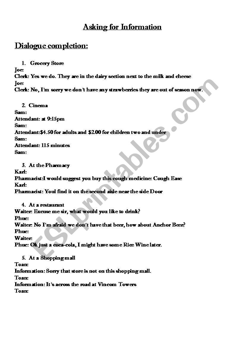Asking for Information worksheet