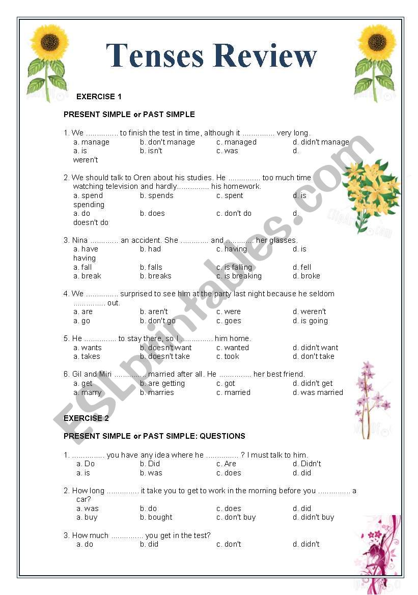 Tenses Review - basic tenses - two pages