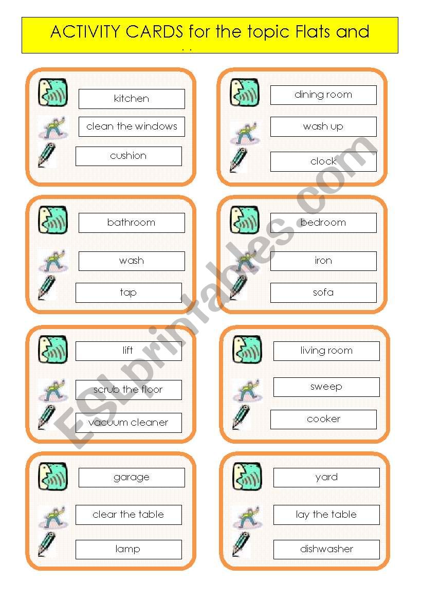 Activity cards for the game Draw-M-Explain topic FLATS and HOUSES