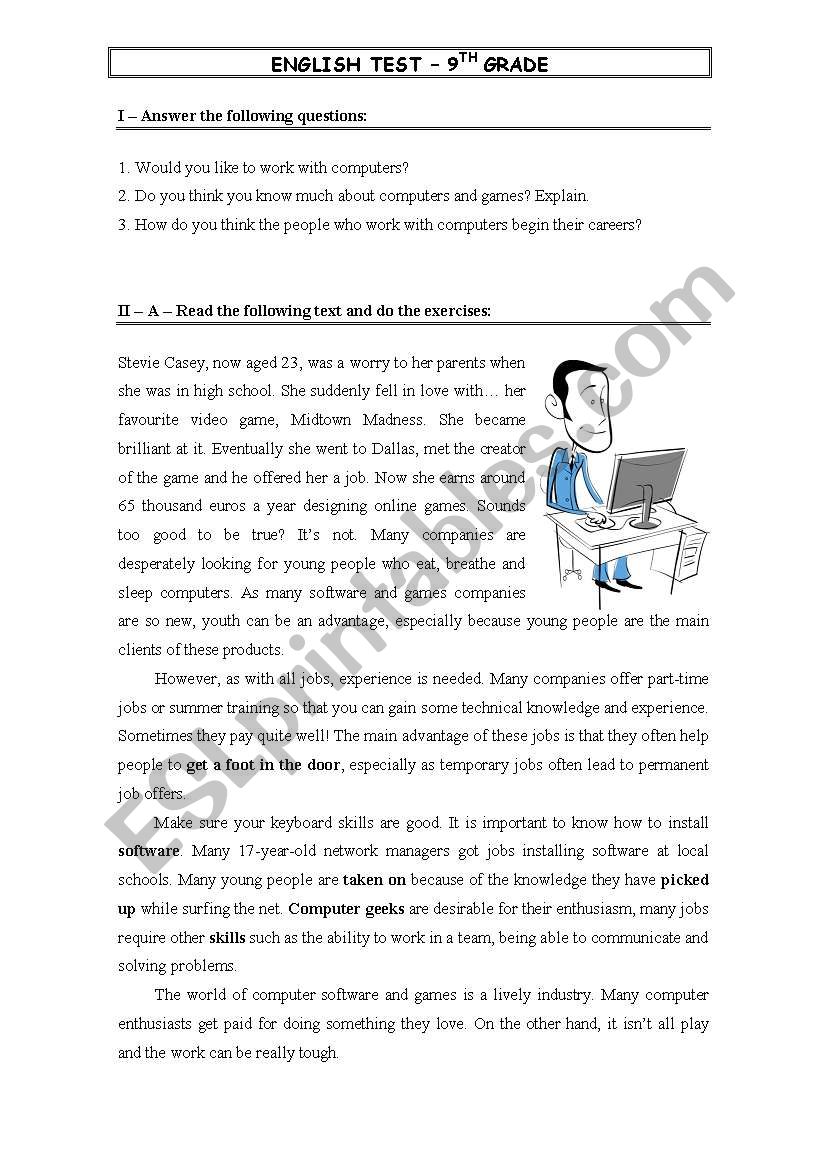 Test on Jobs worksheet