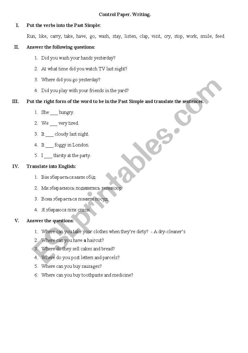 Control paper past simple worksheet