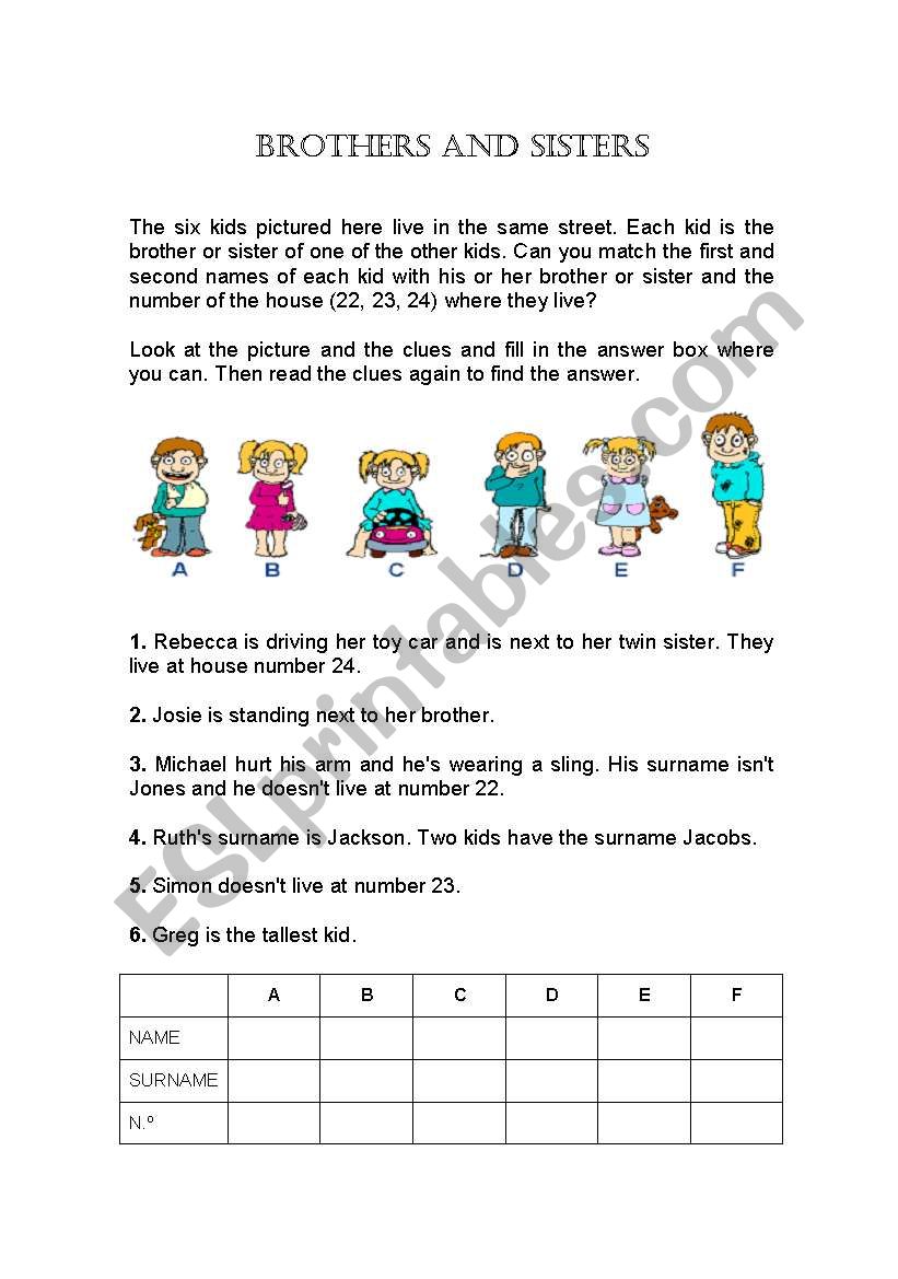 Brothers and Sisters worksheet