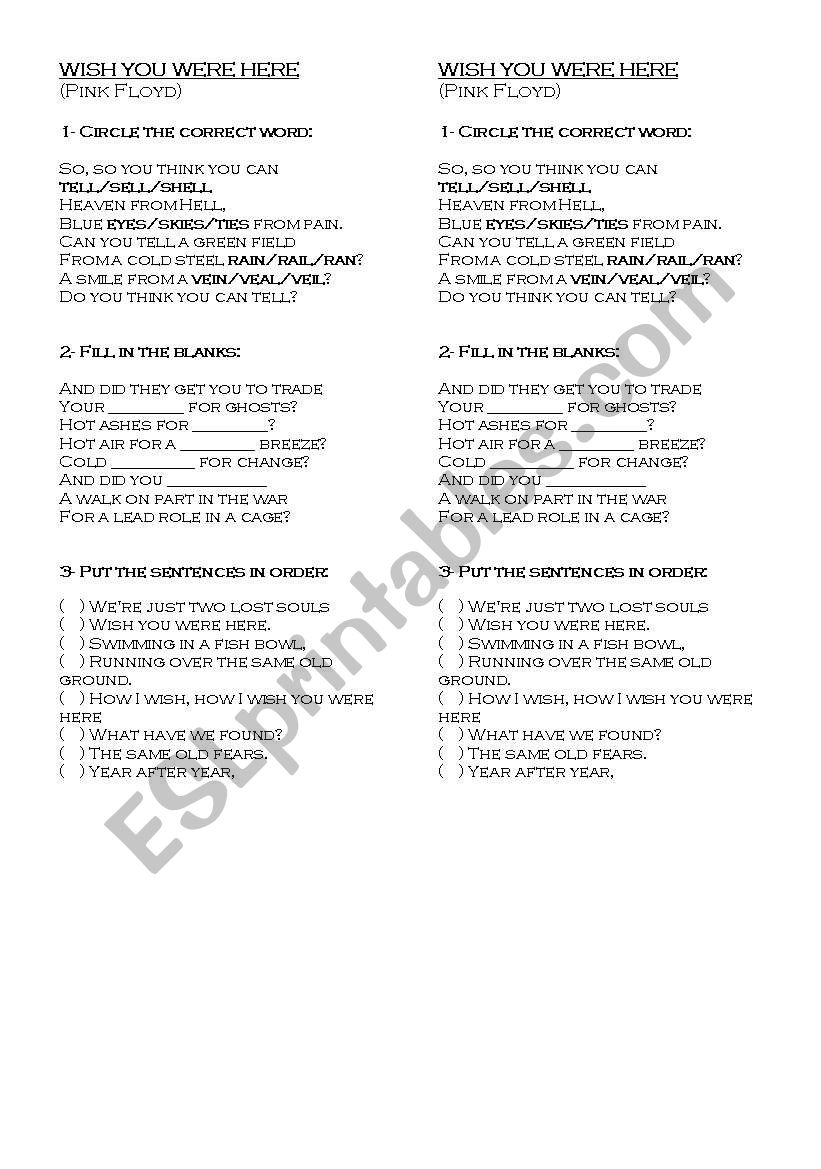 Song: Wish you were here worksheet