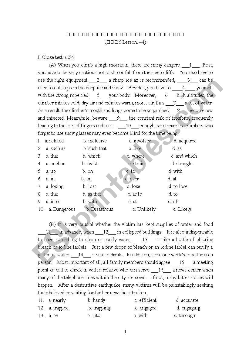 cloze exericse worksheet