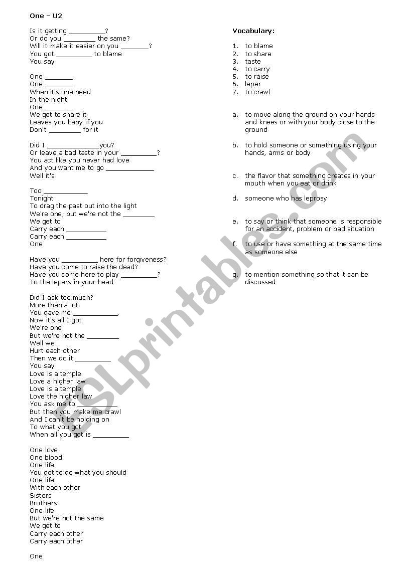 One - U2 worksheet