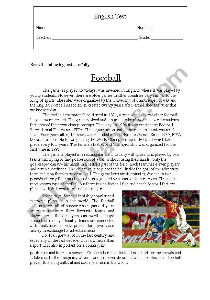 English test: Football worksheet