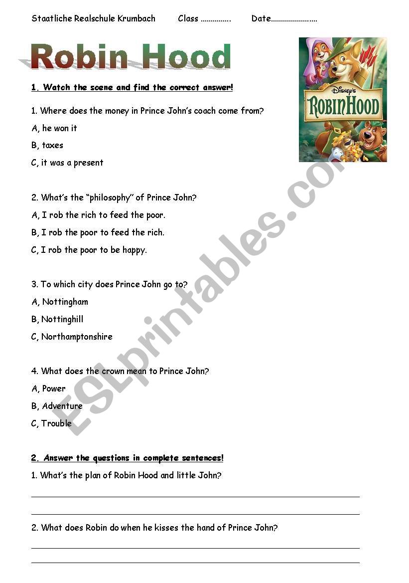 Robin Hood worksheet