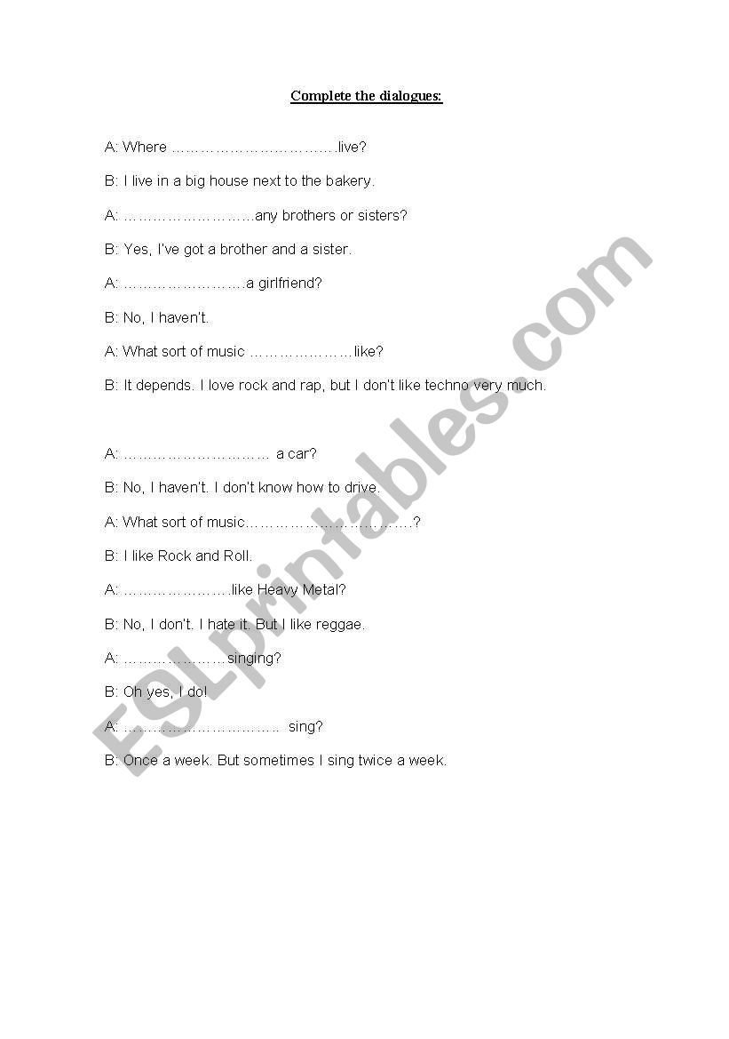 Complete the dialogues worksheet