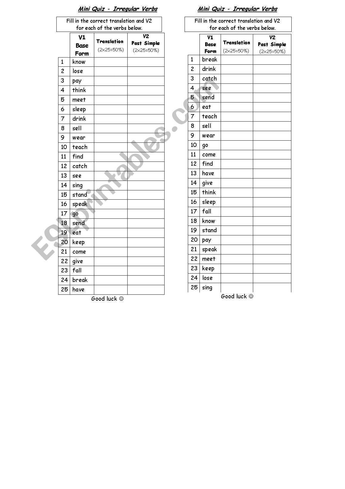 Mini Quiz - Irregular Verbs worksheet