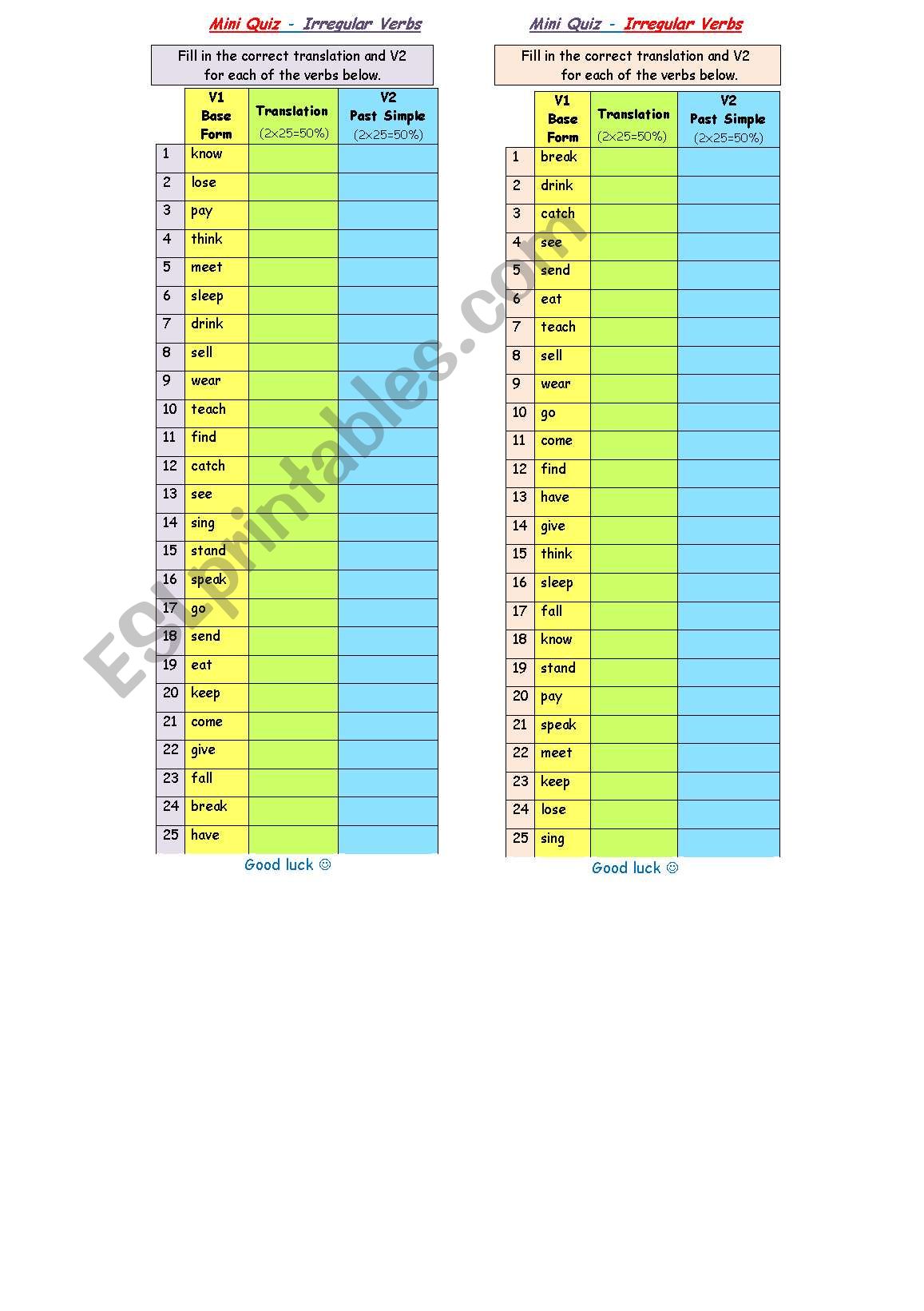 Mini Quiz -Irregular verbs worksheet