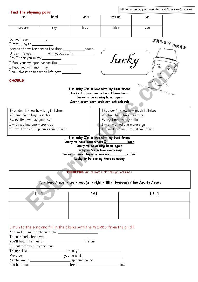 song by Jason Mraz, lucky worksheet