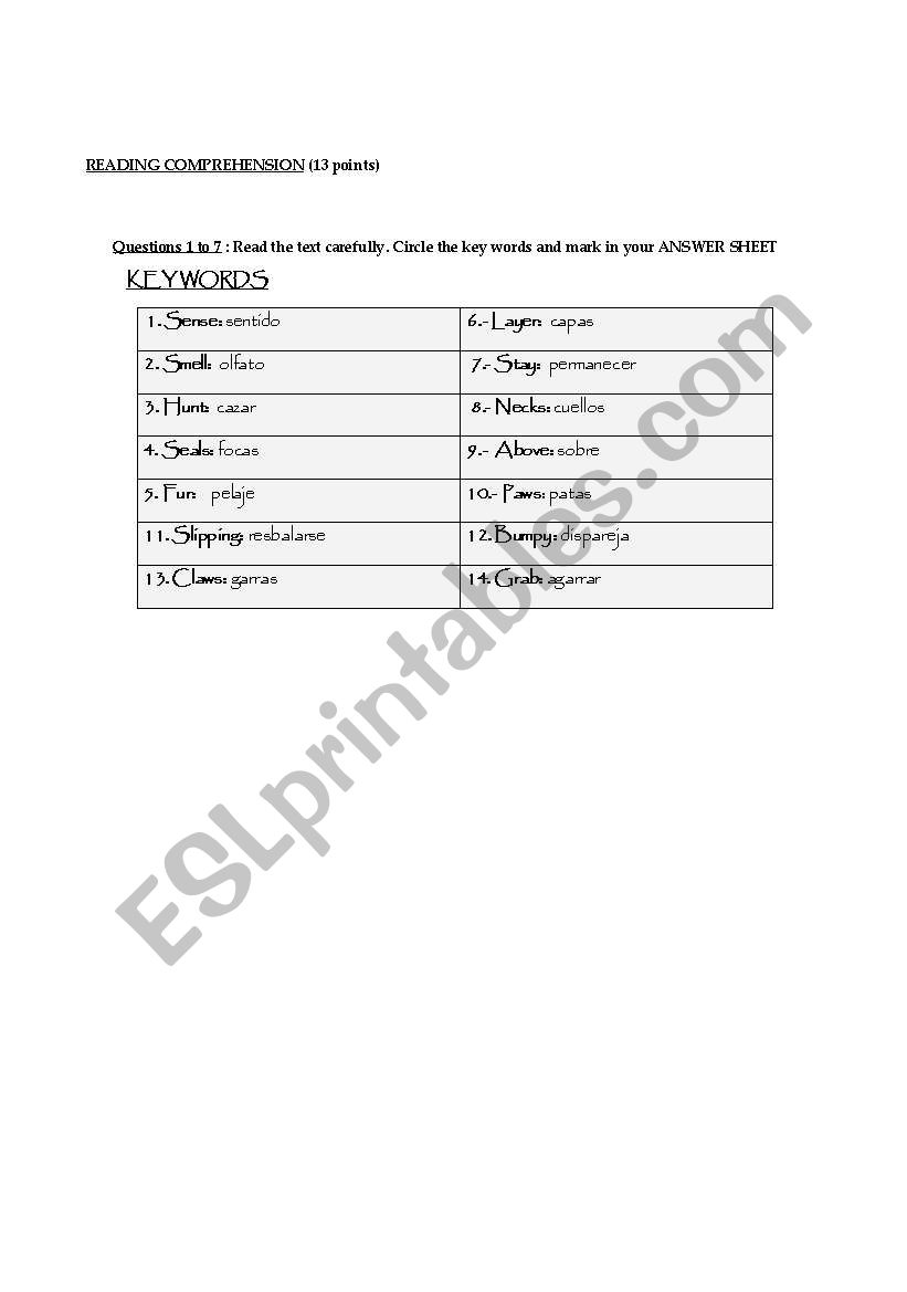 Reading comprehension worksheet