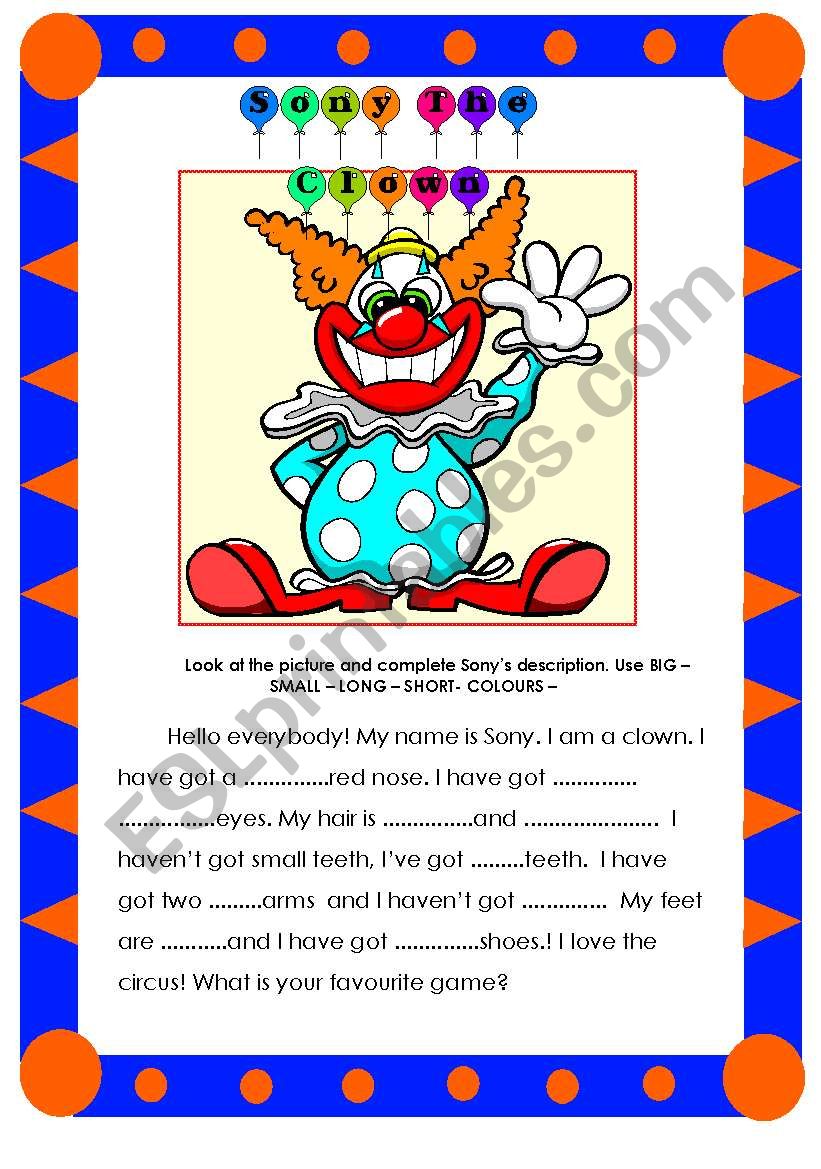 Sony the Clown worksheet
