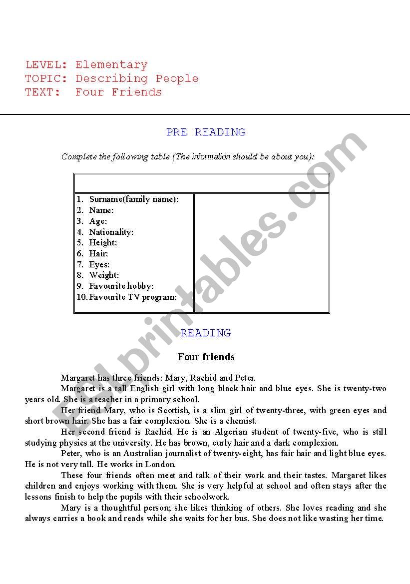 Describing People worksheet