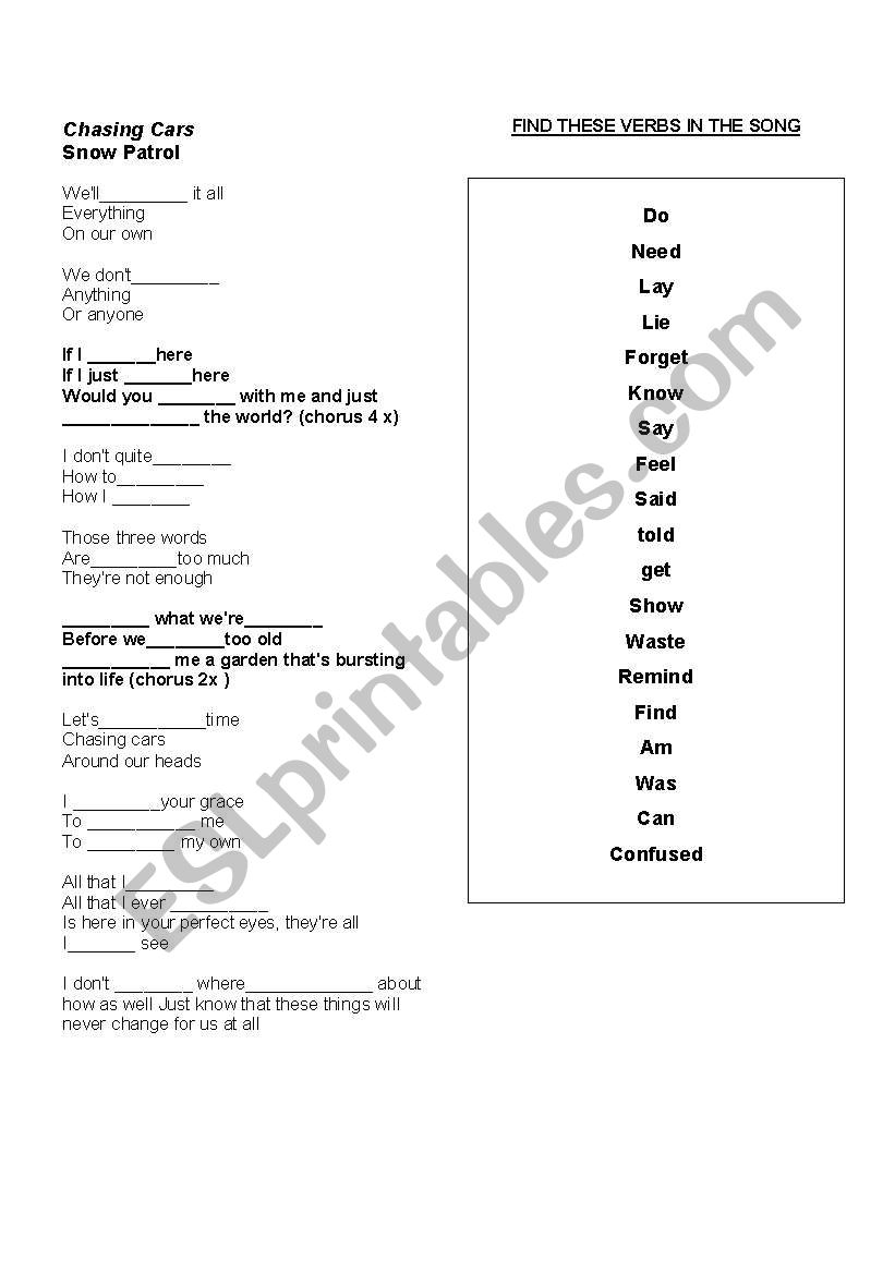 Chasing cars worksheet