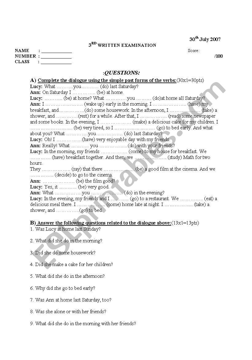 exam worksheet