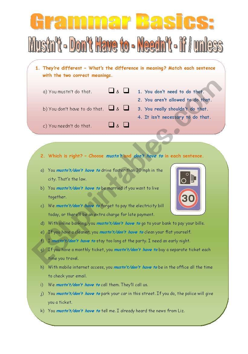 Grammar Basics - Mustnt - Dont Have To - Neednt - If / Unless - 3 pages with key