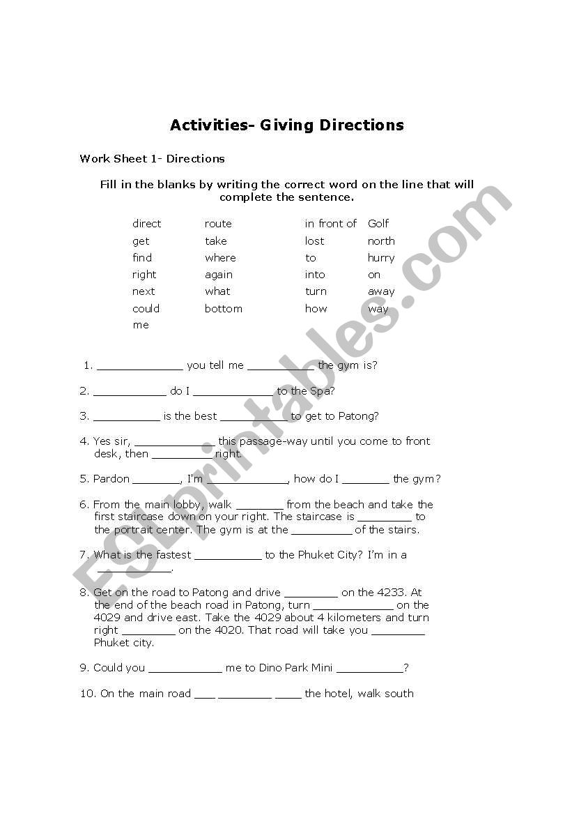 giving directions worksheet