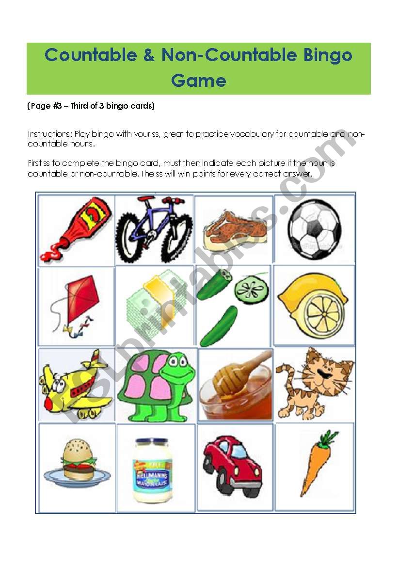 COUNTABLE & NON-COUNTABLE BINGO GAME