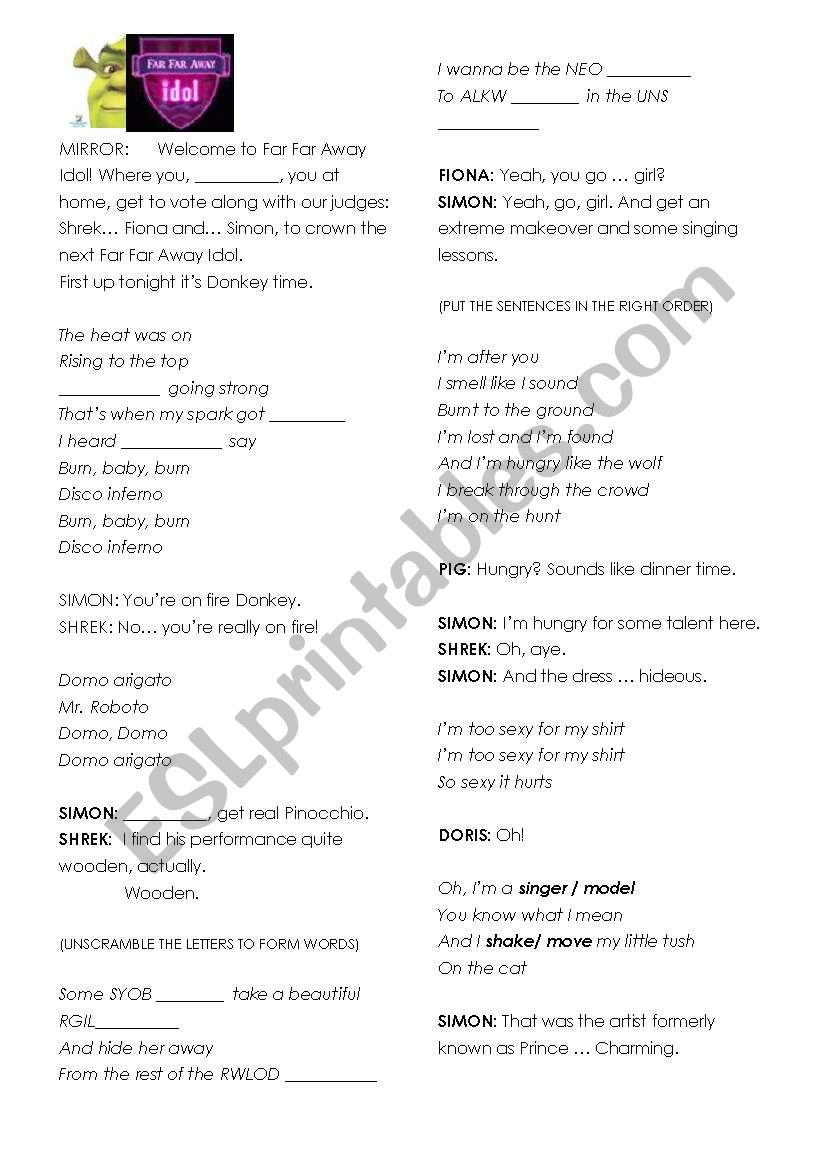 Far Far Away Idol worksheet