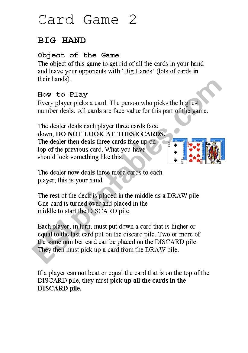 Card Game (BIG HAND) worksheet