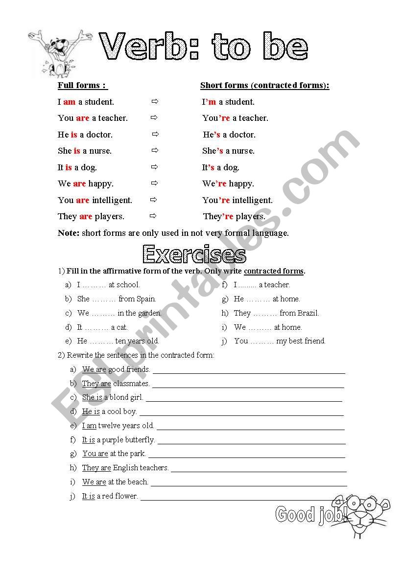 Verb to be Contracted form worksheet