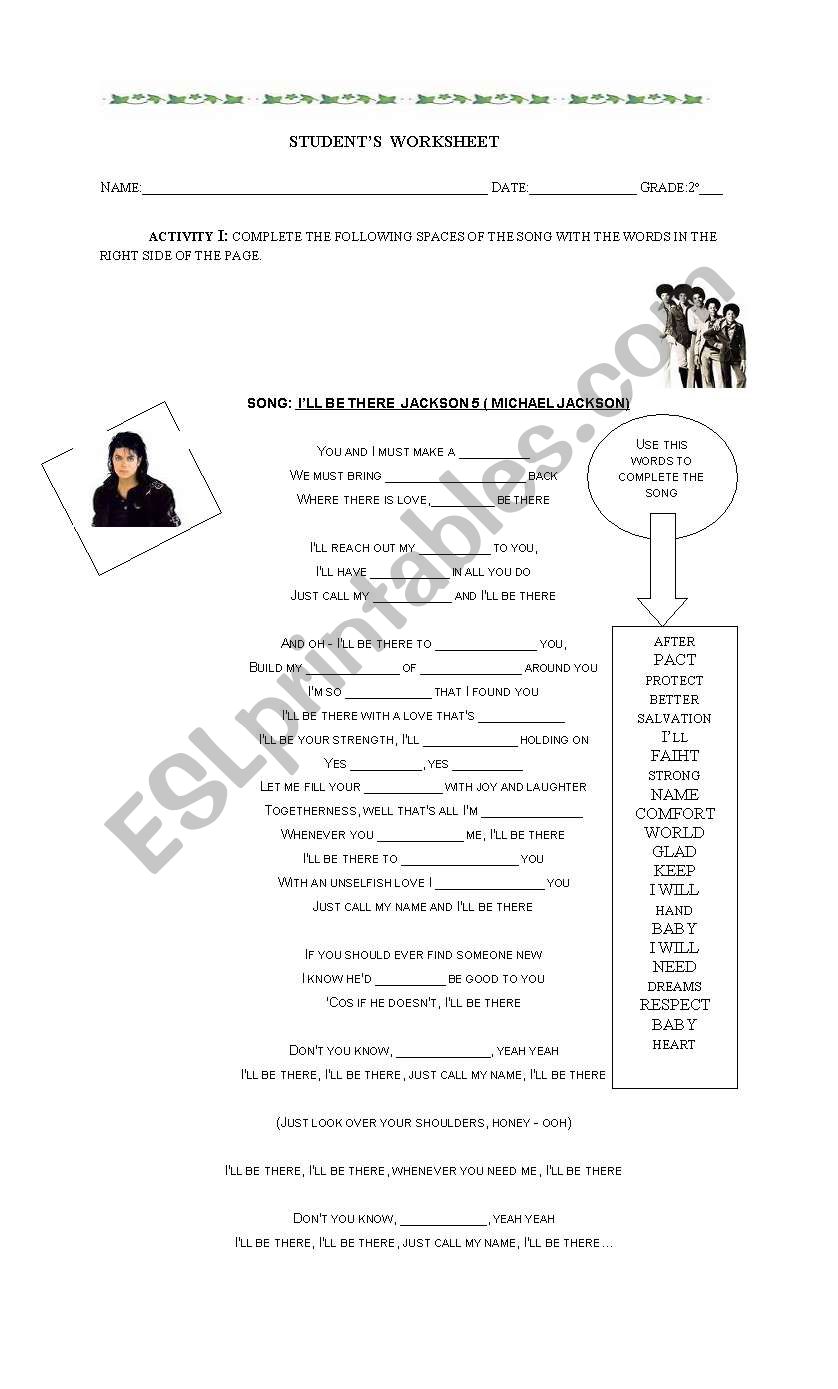Song: IÂ´ll be there worksheet