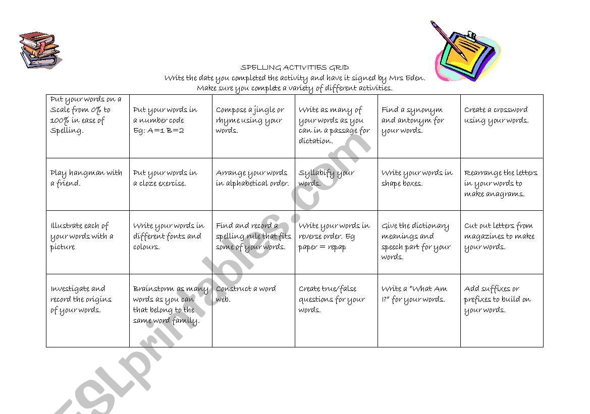spelling activity grid 1 worksheet