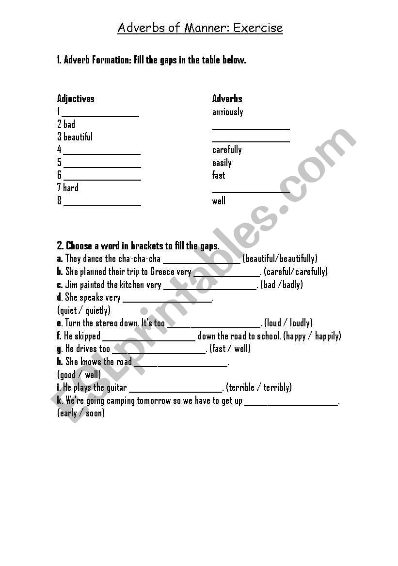 Adverbs of Manner: Exercise worksheet