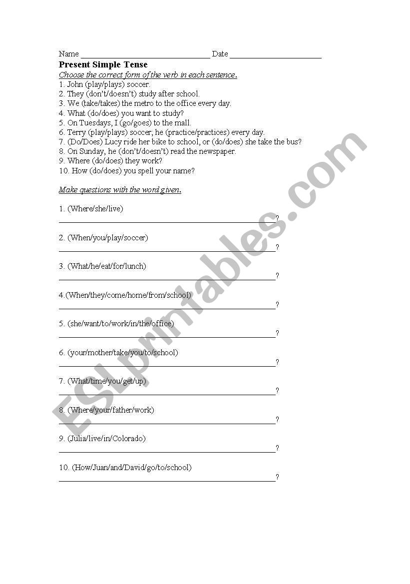 Simple Present tense worksheet