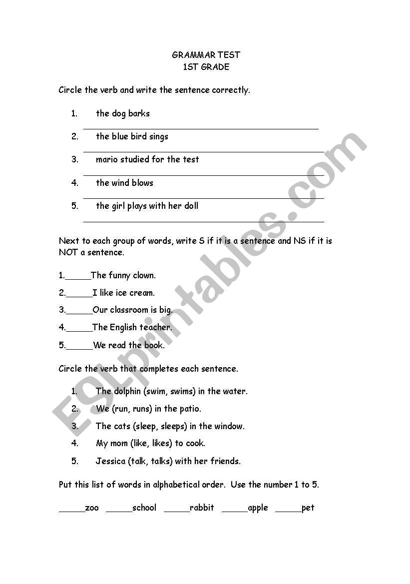 GRAMMAR EXAM -- 1ST GRADE worksheet