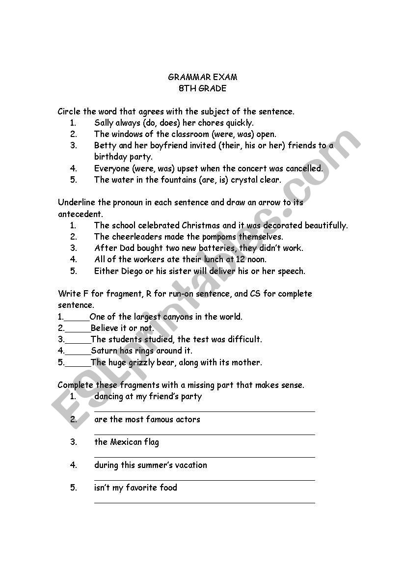 GRAMMASR EXAM -- 8TH GRADE worksheet