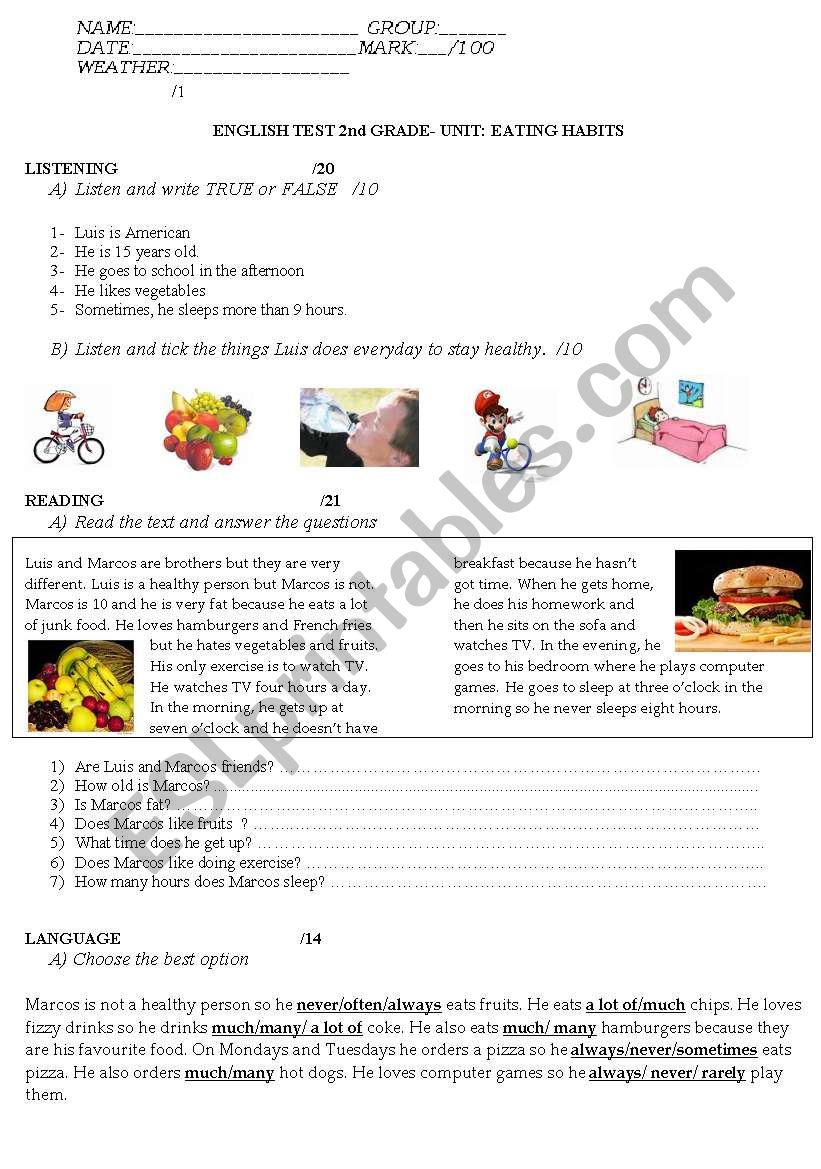 TEST; FOOD worksheet