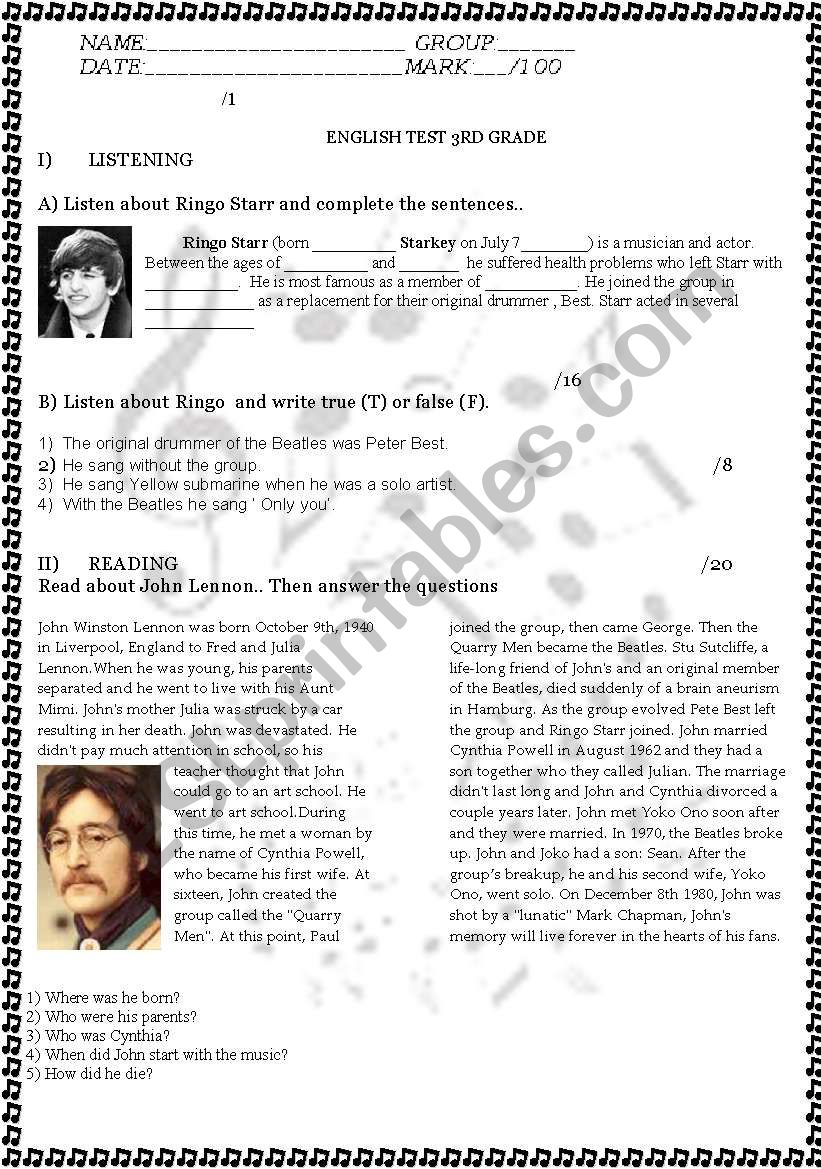 THE BEATLES TEST worksheet