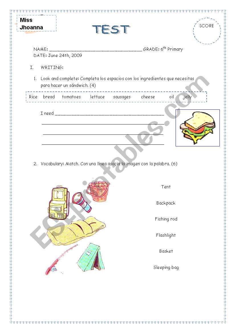 Test 6th grade Camping, Need, and measure