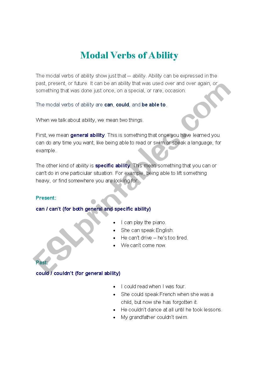 MOdal verbs of ability worksheet