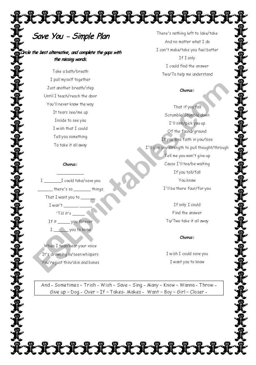 Save You - Simple Plan worksheet