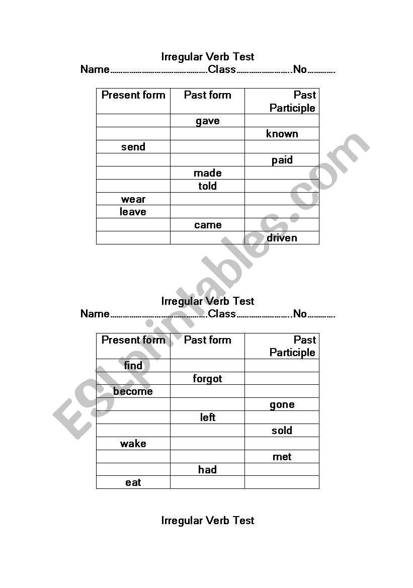 Irregular verb test worksheet