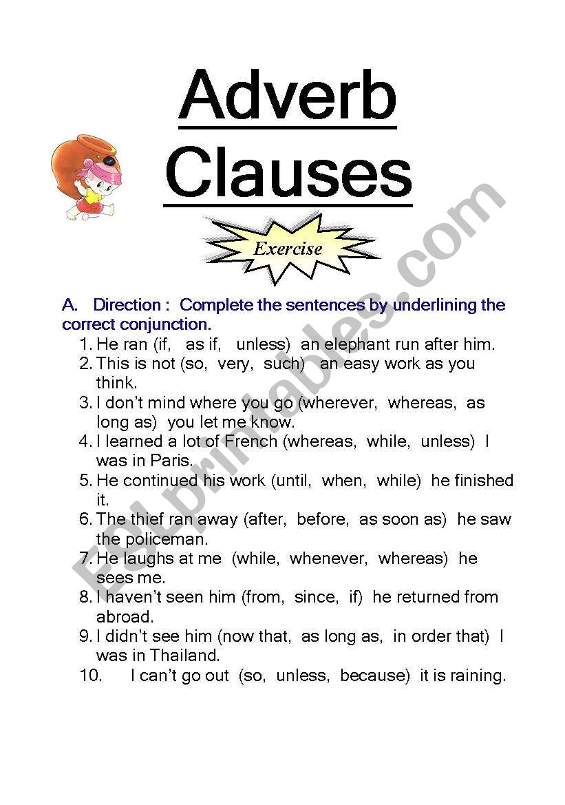 English Worksheets Adverb Clauses