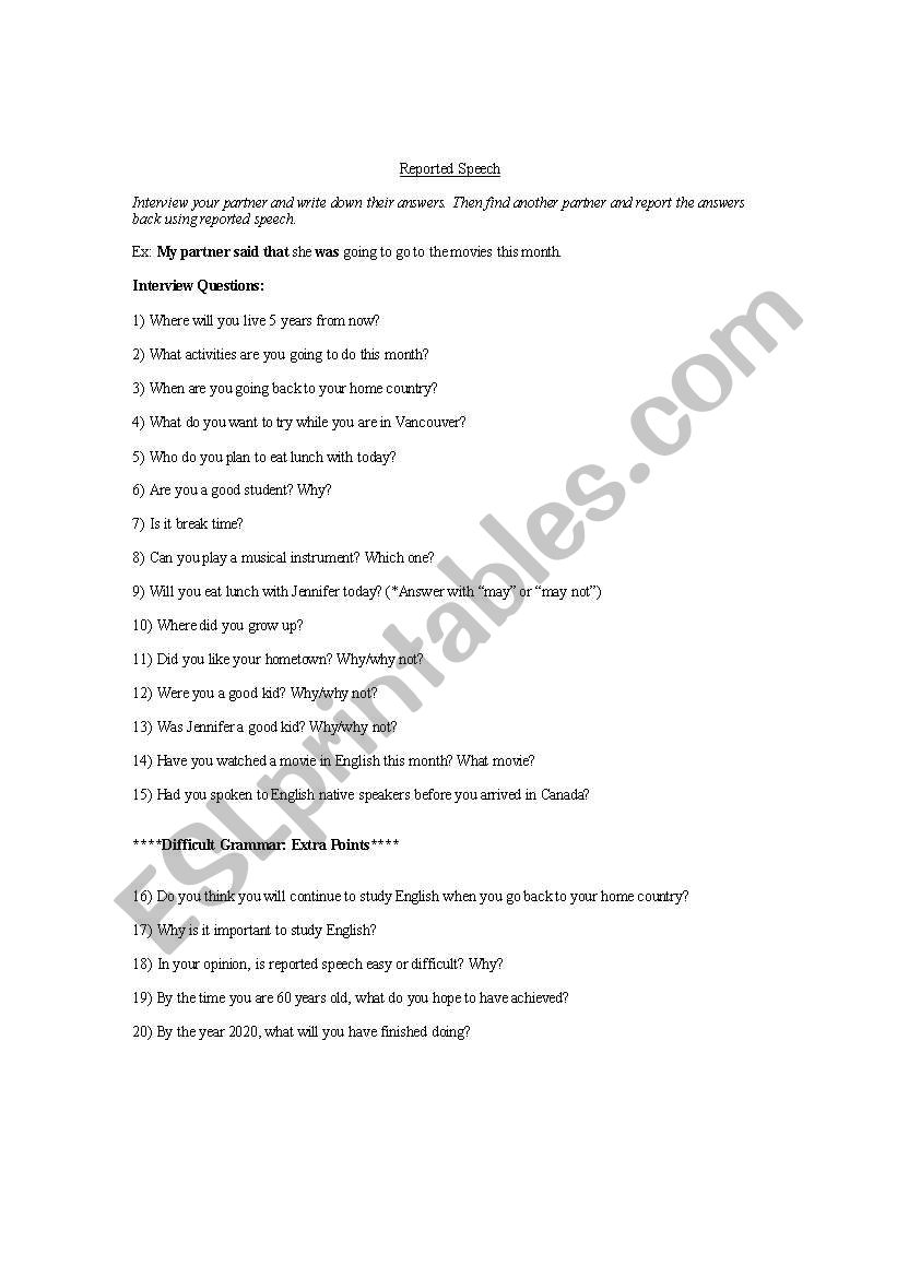 Reported Speech Interview worksheet