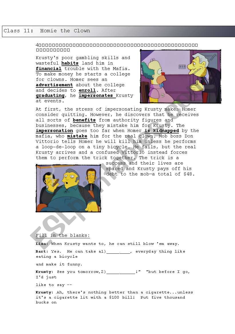 Simpsons: Homie the clown worksheet