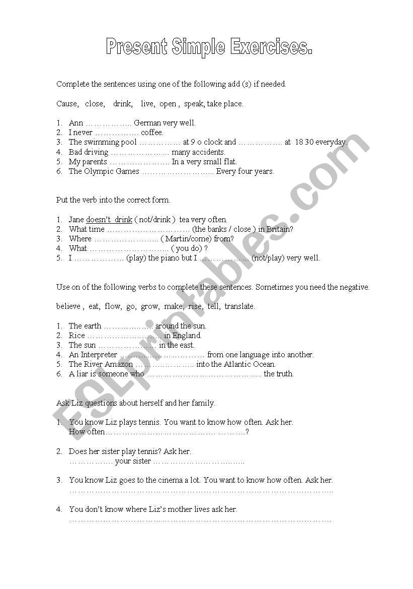 Present Simple Exercises worksheet