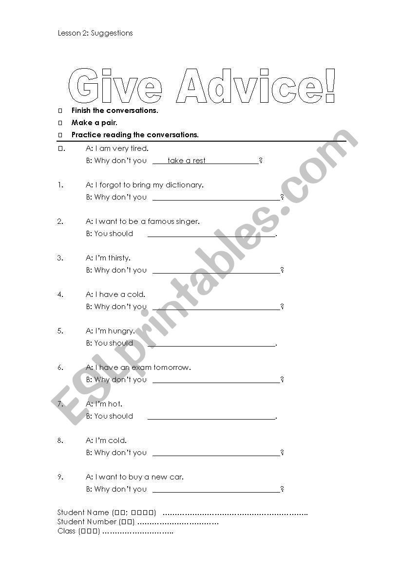 Suggestions and Advice worksheet