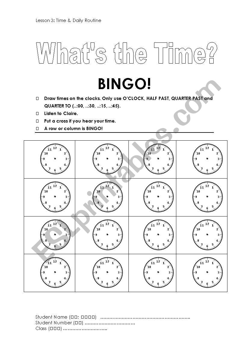 Time Bingo worksheet