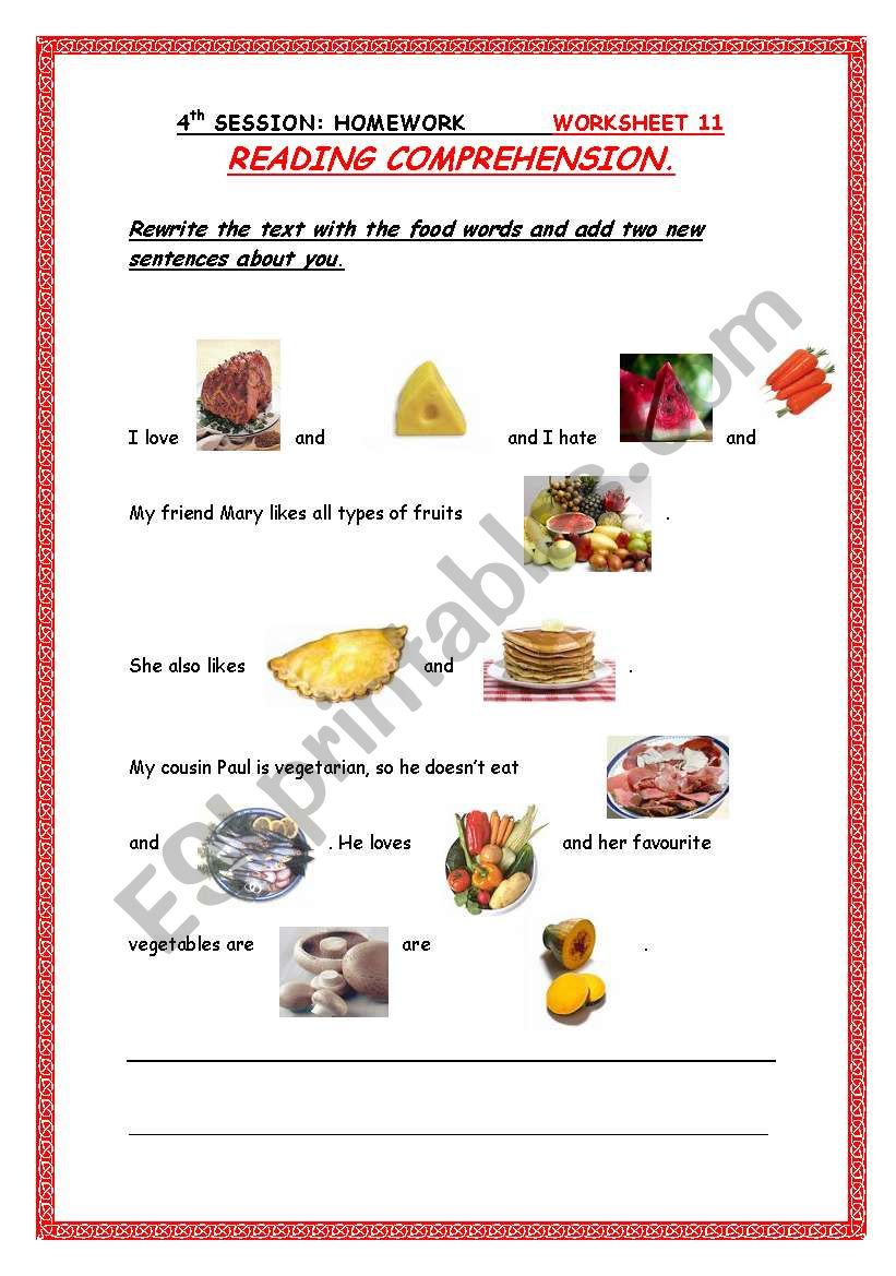 food reading comprehension worksheet