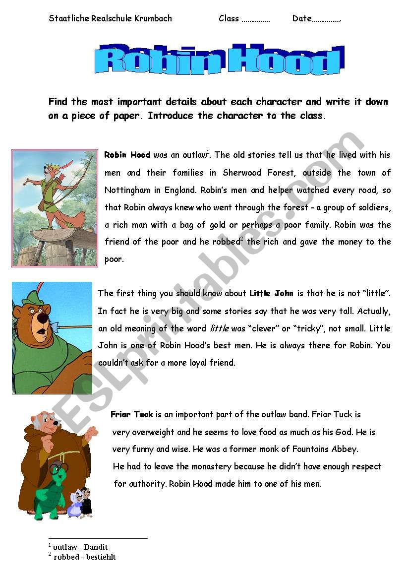 Robin Hood characters worksheet