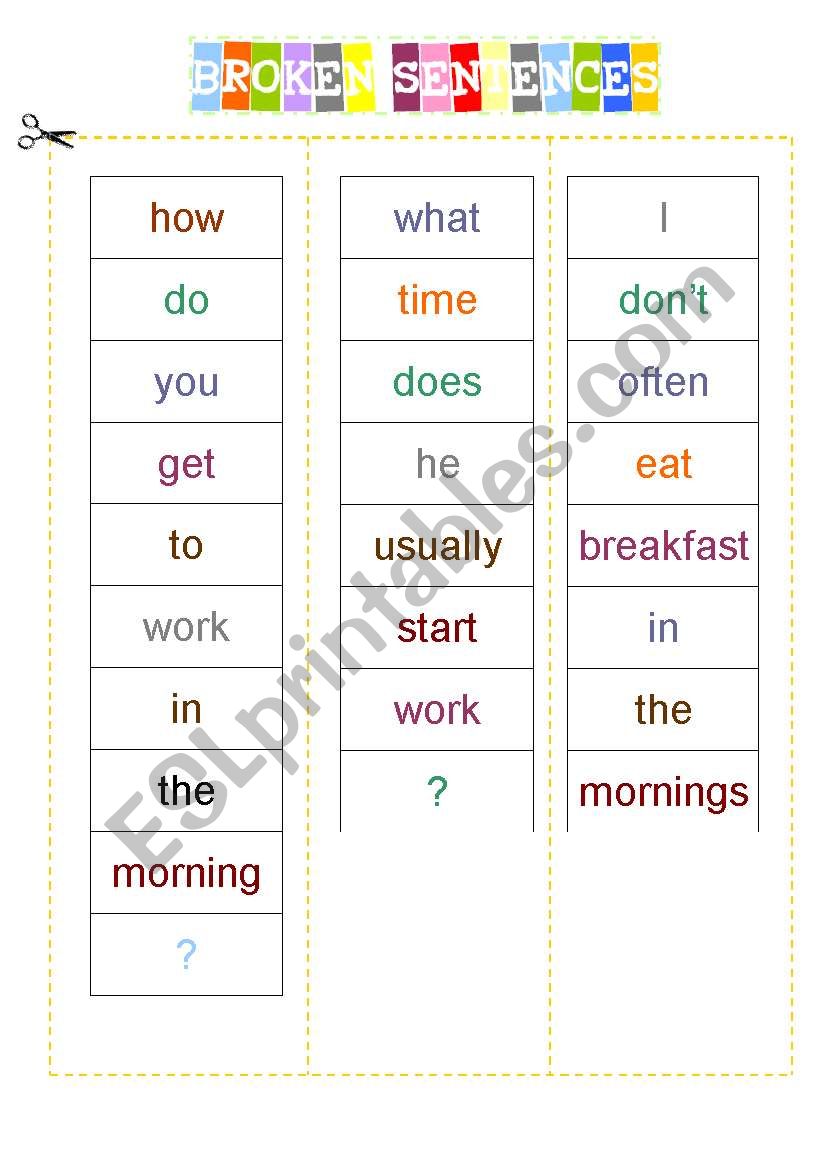 Broken sentences worksheet