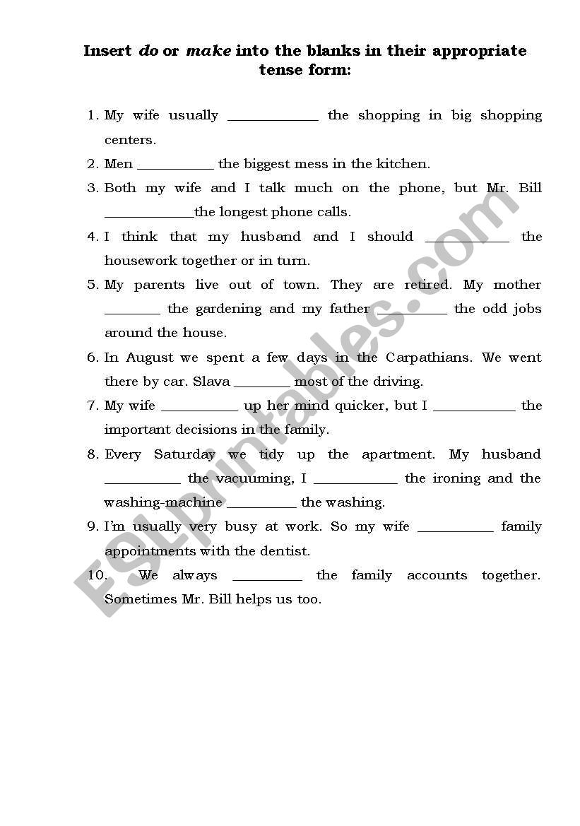 Insert verbs do or make worksheet