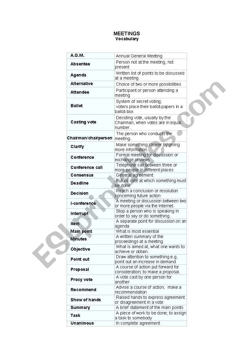 meetings worksheet