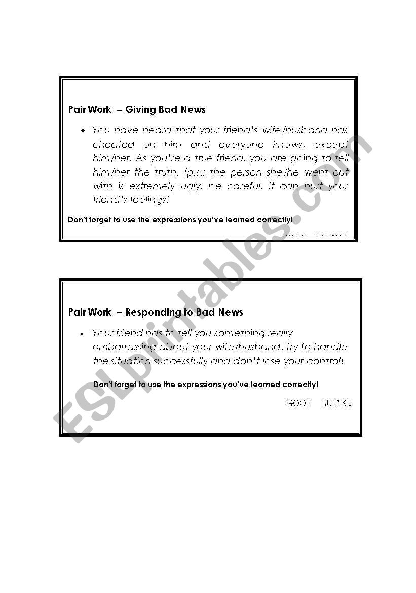 Bad News Expressions Pair Work (EXAMPLE)